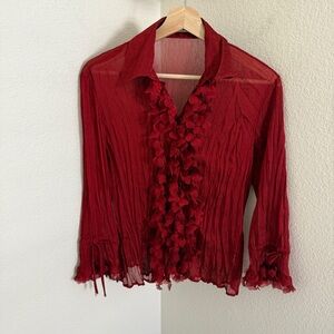 Vintage 90s Jaipur ruffle mesh Red Lace Babydoll Blouse shirt  Wide Sleeve